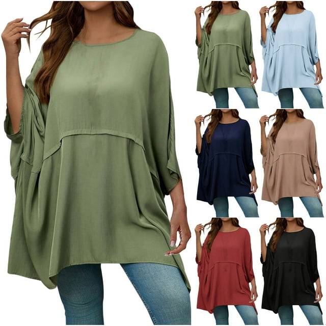 Sentmoon Blouses à Manches Longues pour Femmes Col Rond Vêtements Tendance pour Femmes Ample Couleur Unie Hauts Décontractés pour Brunch de Fin de Semaine TTTTG