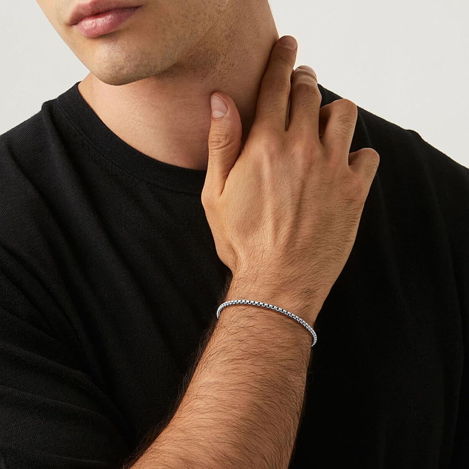 SanThree 3mm Pure Titanium Box Chain Bracelet for Men Women, Ultra Light NO Allergic Square Rolo Link Round Box Chain Bracelets Bracelets Jewelry Birthday Gifts for Father Grandpa Boyfriend, 7.87”