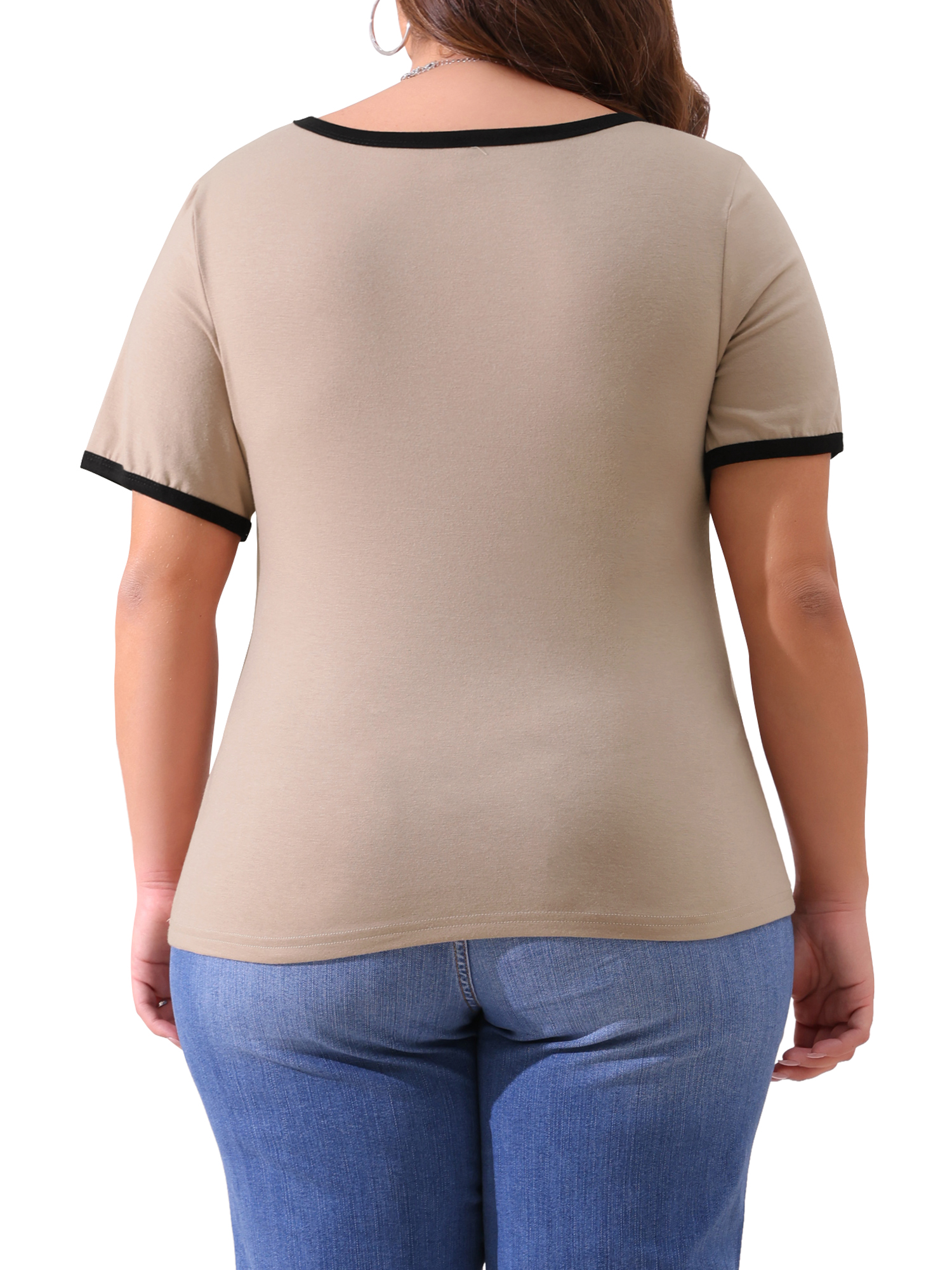 DARING DIVA Women's Plus Square Neck Ribbed Slim Fit Tee 1X Light Camel