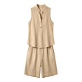 thumbnail image 7 of Women's Linen Blend Collared Sleeveless Half Button Tank Bermuda Shorts 2 Piece Outfit, Solid Loose Beach Casual Matching Set Khaki XL(XL), 7 of 7