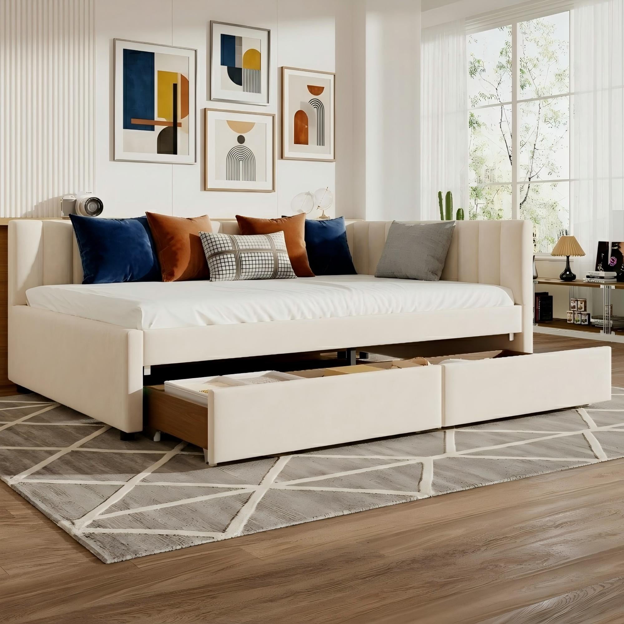 Aukfa Full Size Upholstered Daybed with 2 Storage Drawers, Velvet L-Shaped Channel-Tufted Headboard, Beige