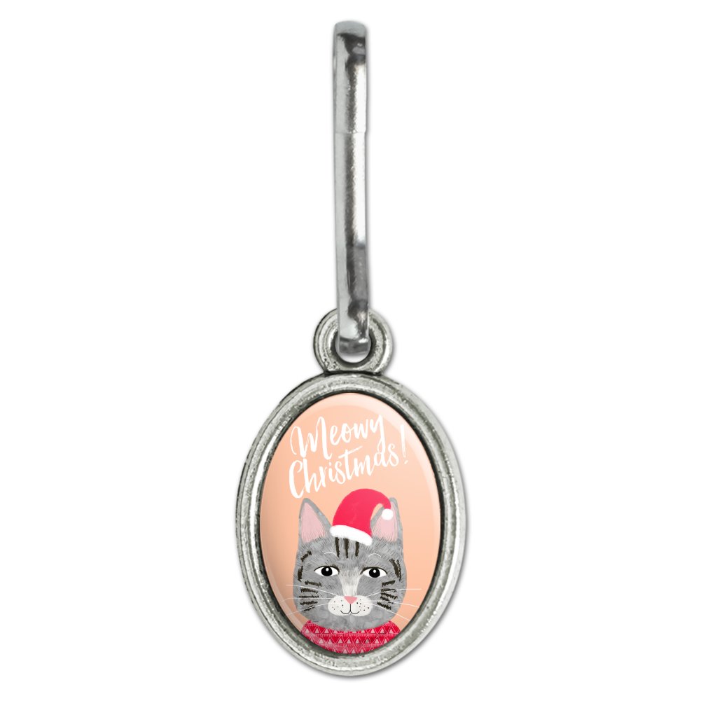 Meowy Merry Christmas Cat in Sweater and Hat Antiqued Oval Charm Clothes Purse Suitcase Backpack Zipper Pull Aid - image 1 of 4