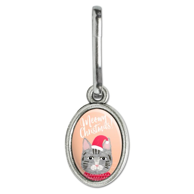 Meowy Merry Christmas Cat in Sweater and Hat Antiqued Oval Charm Clothes Purse Suitcase Backpack Zipper Pull Aid