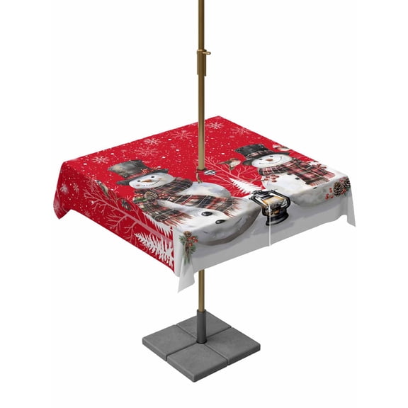 Outdoor Tablecloth with Umbrella Hole and Zipper, Red Christmas Square Table Cloth 54x54 Inch Waterproof Tablecloth, Snowman Snowflake Winter Birds Picnic Table Cover for Patio Camping