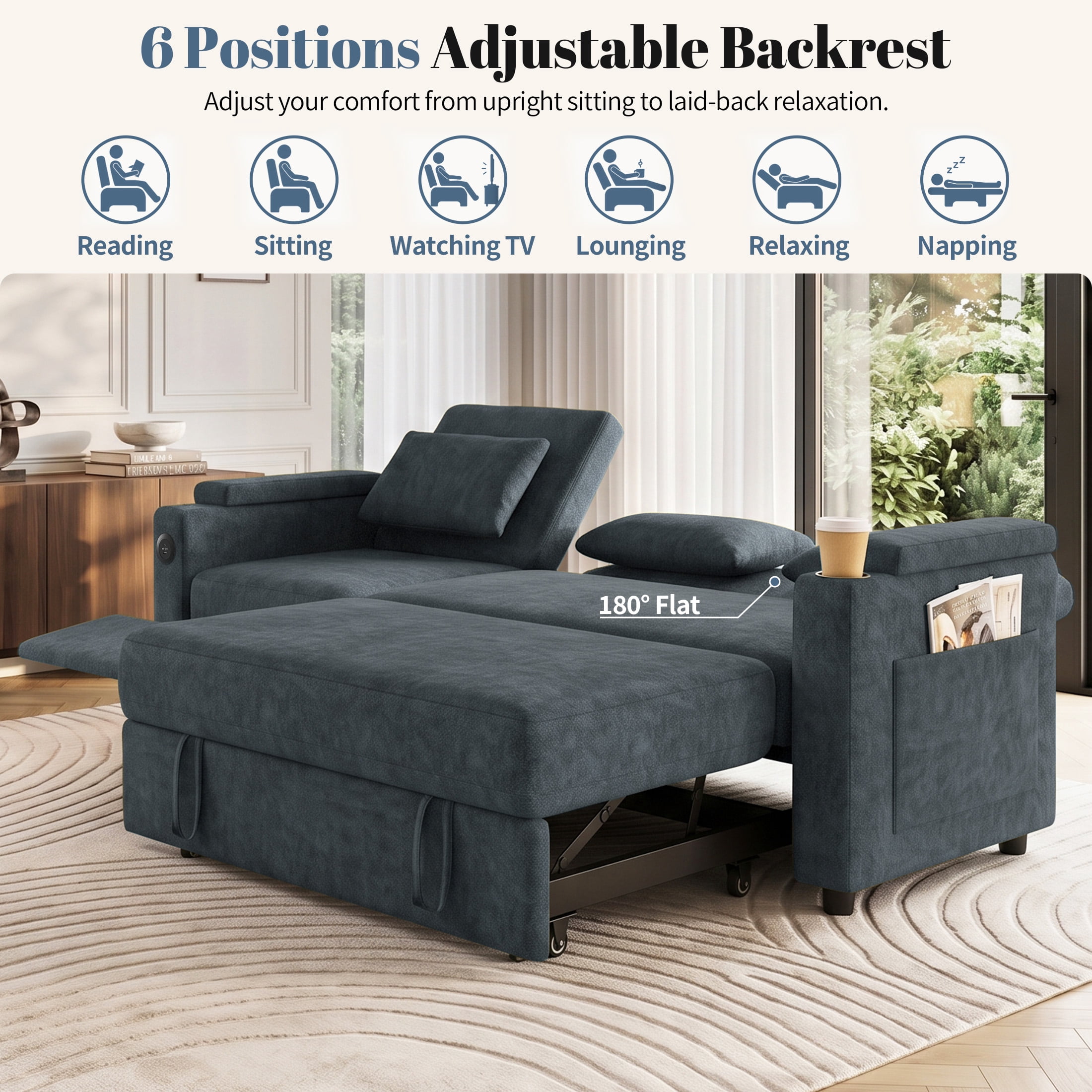 Aenkyo 81" 3-in-1 Convertible Sleeper Sofa with Pull Out Bed and Recliner, Adjustable Backrest, Blue