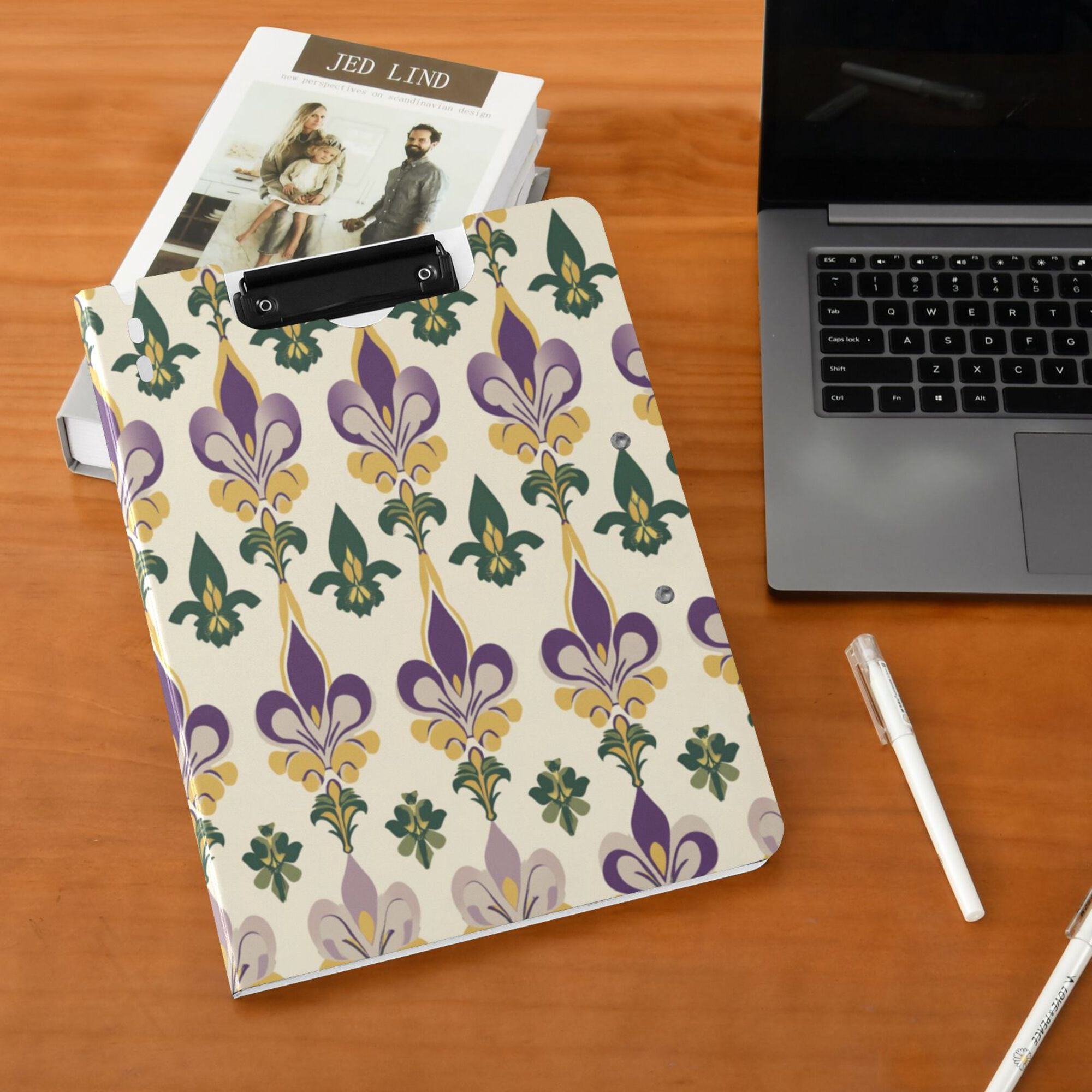 FORMRS A4 Clipboard Folder with Pen Holder Horizontal Foldable School Office Binder, Beige Floral Pattern
