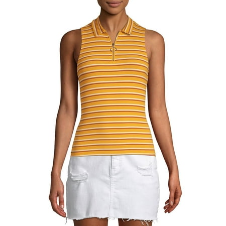 Solid Rib Knit Collar - Juniors' Striped Rib Knit Zip Front Collared Tank