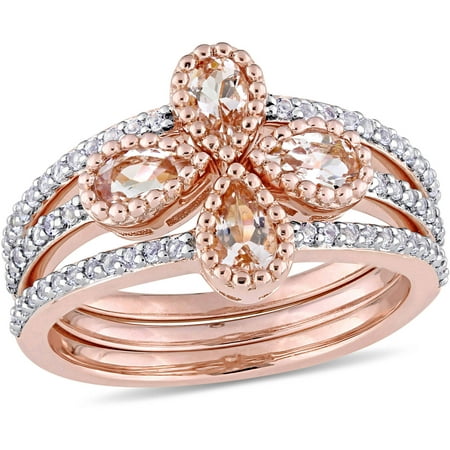 Tangelo 1-1/3 Carat T.G.W. Pear-Cut Morganite and White Topaz Rose Rhodium-Plated Sterling Silver Floral Three-Piece Ring Set
