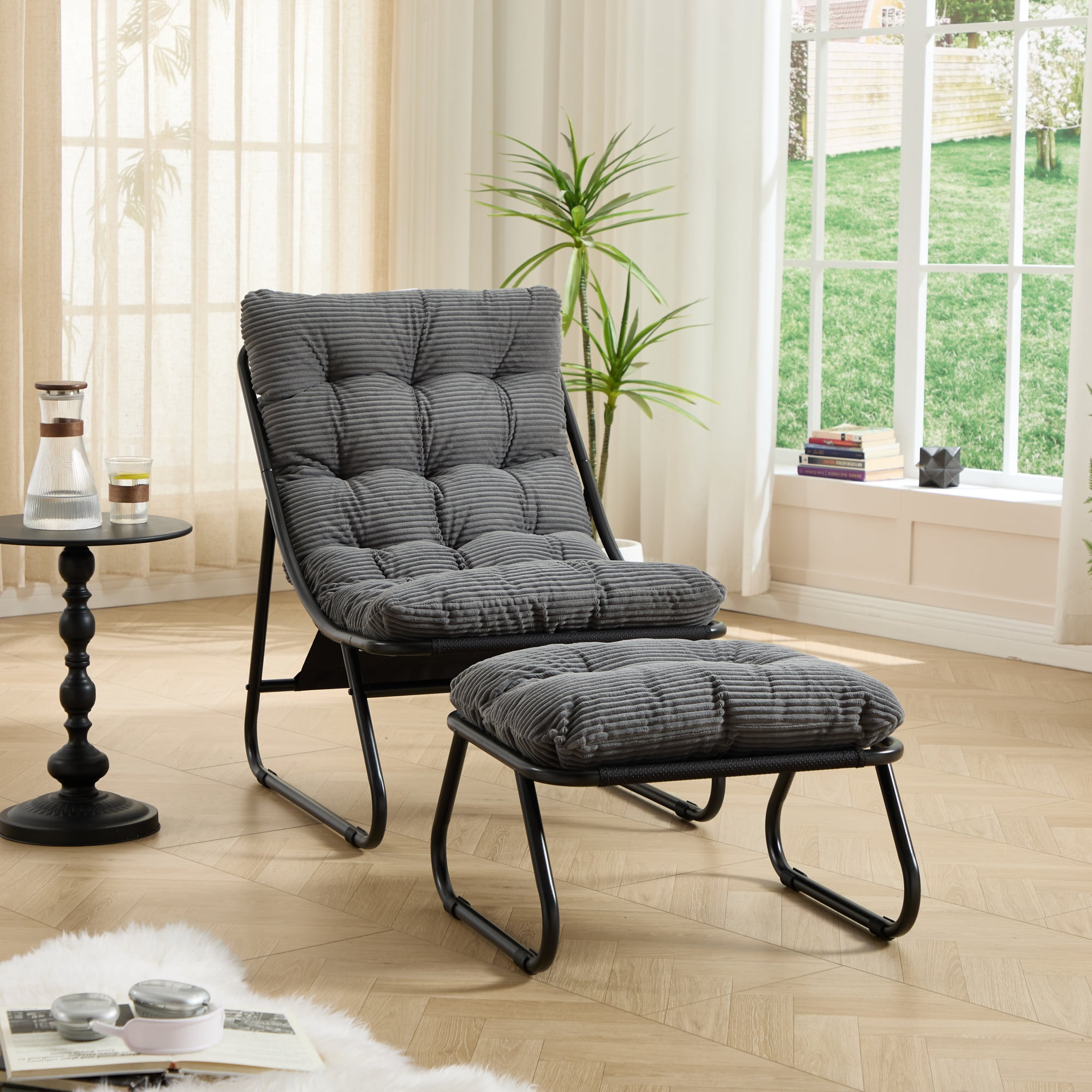 Outdoor Lounge Chair with Ottoman, Patio Sling Recliner with Puffy Cushion, Comfy Chaise Lounge with Foot Stool for Patio, Pool, Backyard, Black/Grey