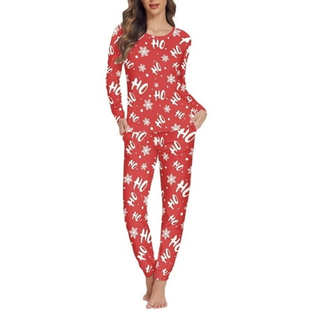

Pzuqiu Comfort Pjs for Women Pajama Lingerie Matching Set 2 Pack Nightwear for Merry Christmas Day Size XS Casual HO HO HO Snowflake Snug-Fit Loungewear with Big Pockets