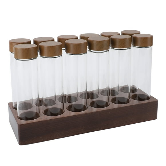 Borosilicate Glass Coffee Storage Tubes, Walnut Stand, 12 Sealed Jars for Beans, Tea, Spices, with Silicone Funnel, Practical Pantry Storage