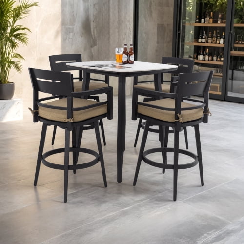 Modern 5PC Outdoor Patio Bar Set,Rounded Square Sintered Stone Table & 4 Swivel Bar Chairs,Non-Rust Aluminum Frame, Marble-Inspired Top,Bearing Swivel Plate,Tapered Legs,Sunbrella Cushion Linen Sesam