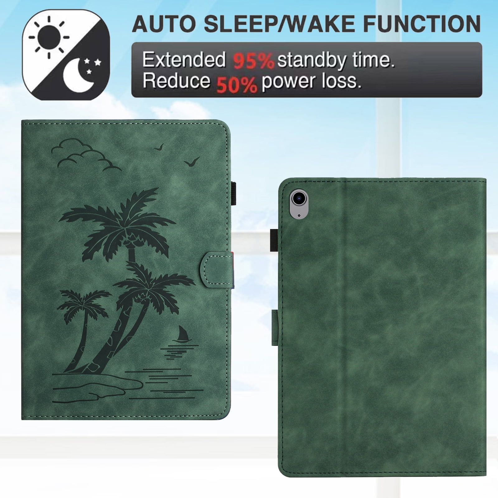 Allytechgroup for iPad (A16) 11th Generation 11 inch Case 2025 with Stand/Pencil Holder/Card Pockets/Magnetic Closure Smart Embossed Palm Tree PU Leather Folio Wallet Cover, [Auto Wake/Sleep], Green