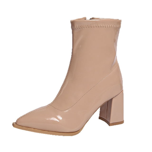 Bottes Mi-Mollet pour Femmes à Bout Rond Design Kaki Fermeture Éclair Latérale Mode Décontractée Automne Hiver Confortables pour la Marche Matériau Pu