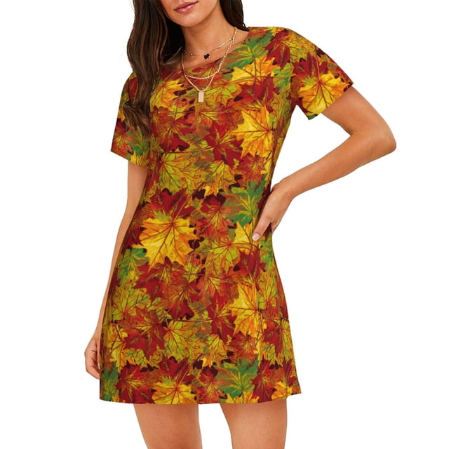 Fotbe Vintage maple leaf autumn Bata de Dormir para Mujer con Estampado, Camisón de Algodón de Manga Corta, Ropa de Dormir Casual