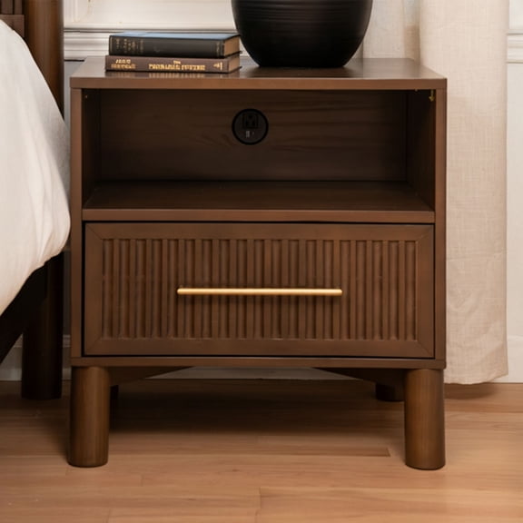 Sera Fluted Cubby Nightstand with 1 Drawer, Electrical Outlet and Brass Handle, Walnut