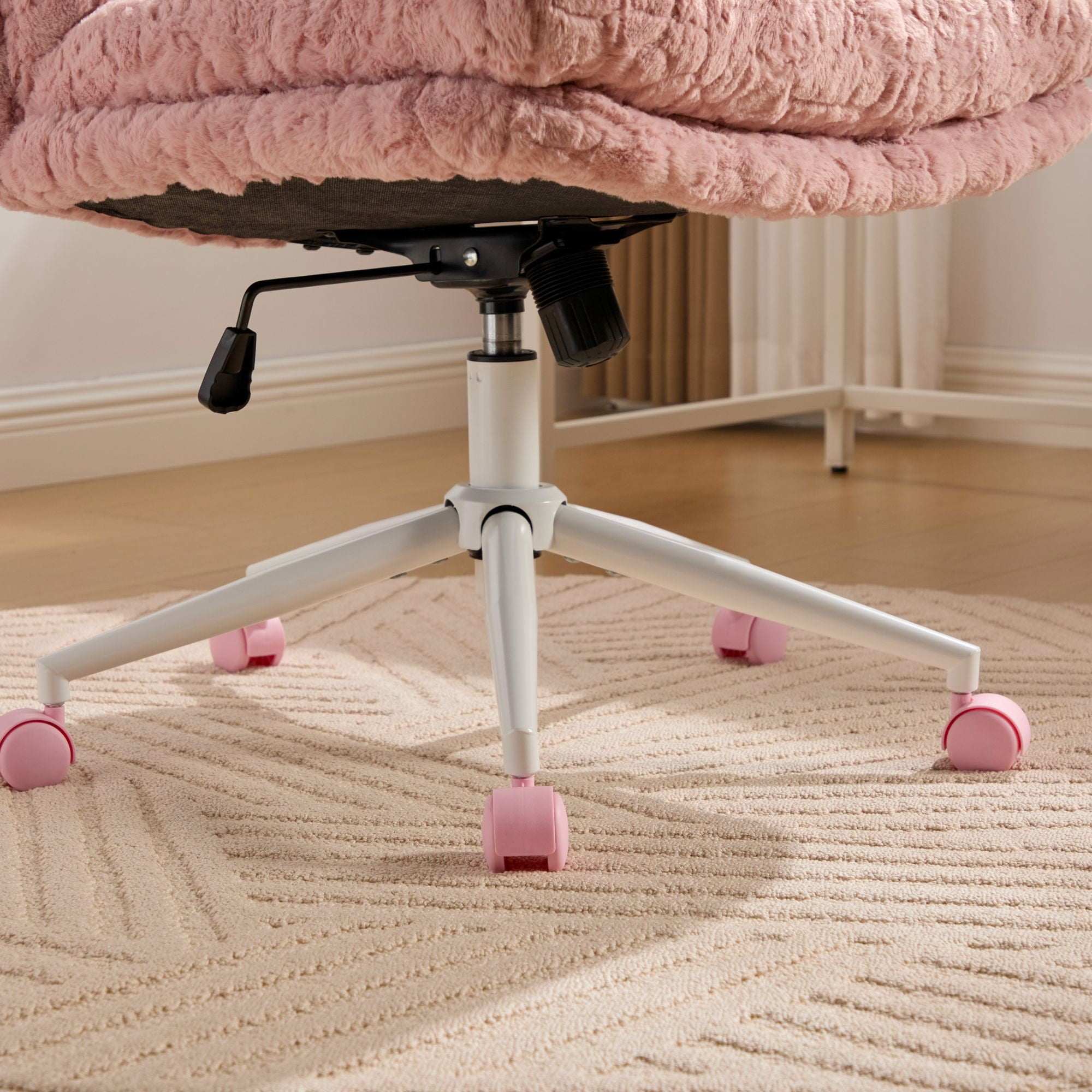 PAPROOS Vanity Chair with Back, 26.4" Wide Armless Home Office Chair with Artificial Rabbit Hair, Metal Base, Adjustable Swivel Ergonomic Desk Chair with Wheels, Computer Task Seating, Pink