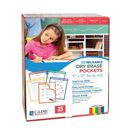 

1PC C-Line Reusable Dry Erase Pockets Easy Load 9 x 12 Assorted Primary Colors 25/Pack
