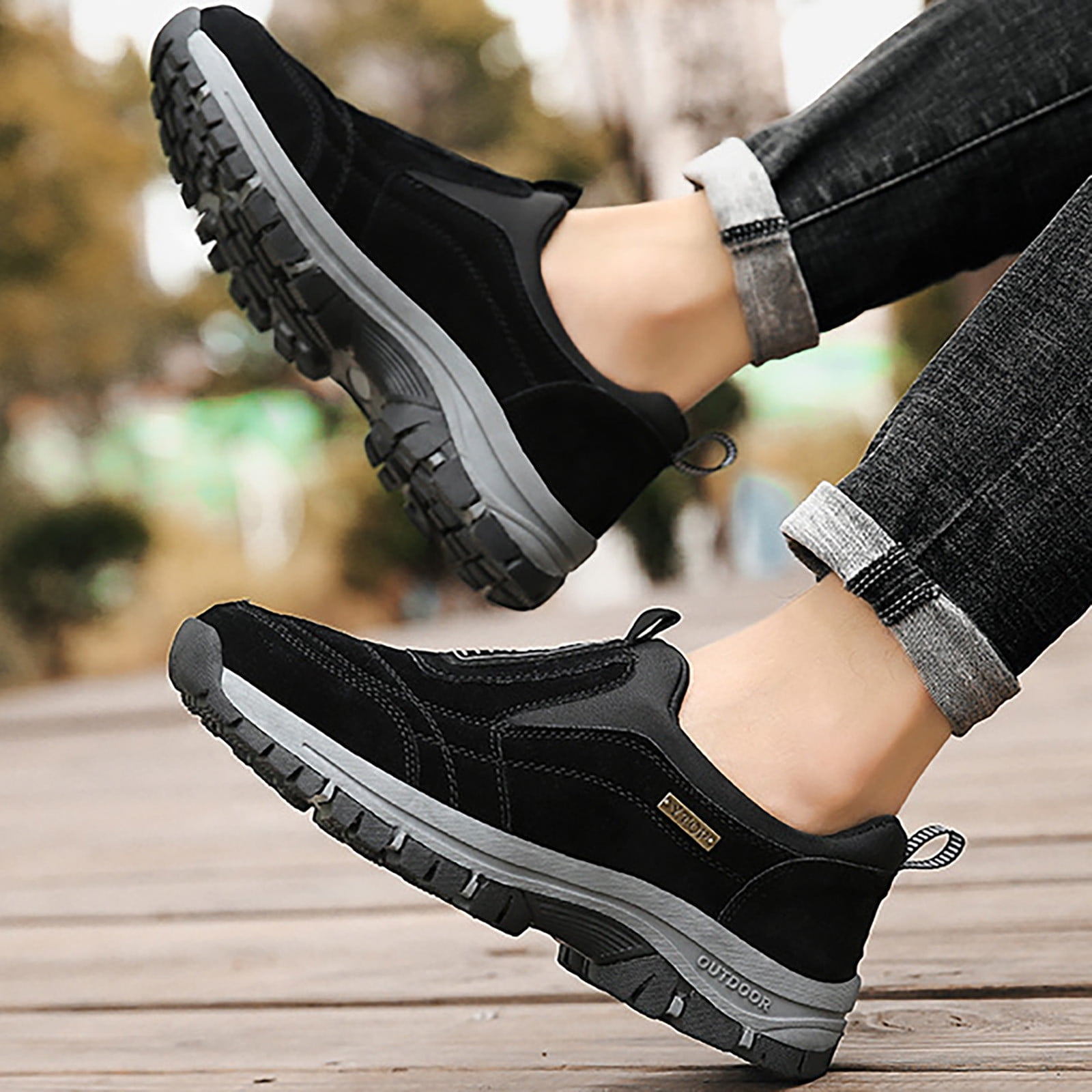 Dakaela Men's Slip on Hiking Shoes Outdoor Running Shoes Memory Foam Trail Sport Sneakers Black 9