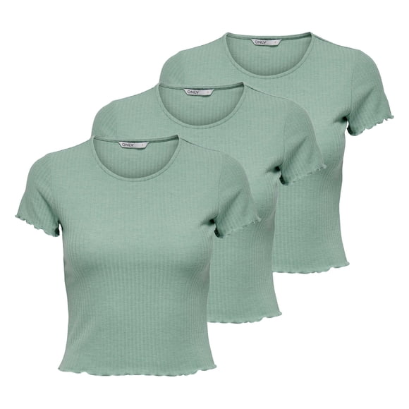 ONLY Camiseta de mujer Paquete de 3 - ONLEMMA SHORT TOP, cuello redondo, cropped, acanalada, lisa Verde claro XS (X-Small)