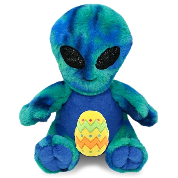 DolliBu Super Soft Blue Tie-Dye Alien with Yellow Easter Egg Plush - Perfect Alien Stuffed Toys for Easter Basket, Cute Easter Egg Stuffed Doll Spring Toys for Girls, Boys, and Babies - 9 Inches
