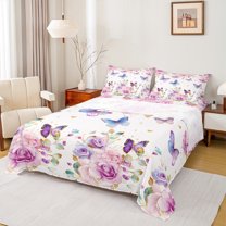 Manfei Rustic Butterfly Twin Sheet Set,Country Farmhouse Pink Blue White,Luxury Decor For Girls,3-Piece