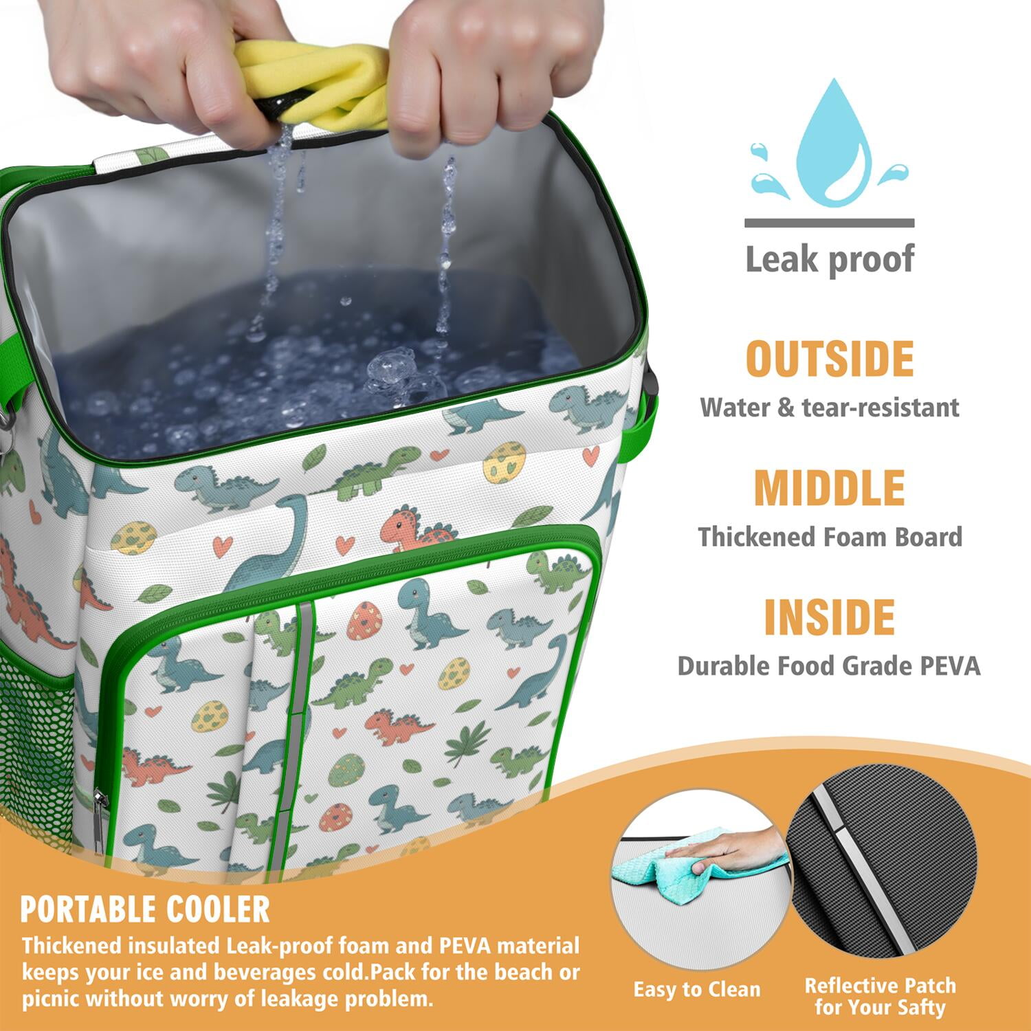 Travel Cooler Bag - White Cartoon Dinosaurs Eggs Hearts Pattern Camping Beer Cooler Backpack with Bottle Opener- Waterproof Insulated Picnic Backpacks - Cooler Bag for Beach