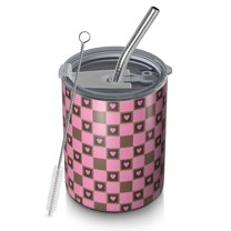 12oz Coffee Tumblers Pink Brown Heart Checkered Pattern Stainless Steel Vacuum Insulated Travel Tumbler Coffee Cups Mug with Lid and Straw with Cleaning Brush for Cold & Hot Drinks