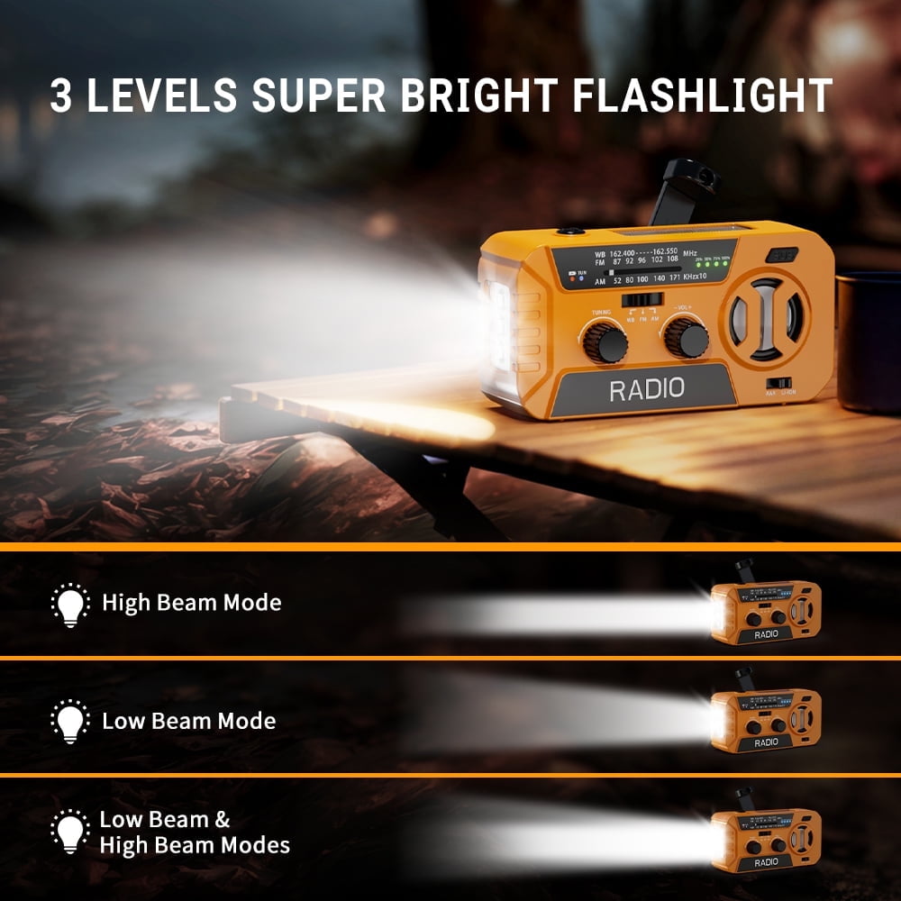 Emergency Weather Radio - AM/FM/NOAA Hand Crank Radio , 2000mAh Portable Solar Power Bank, Multi-Function Flashlight & SOS Alarm for Outdoor Indoor Emergencies (Orange)