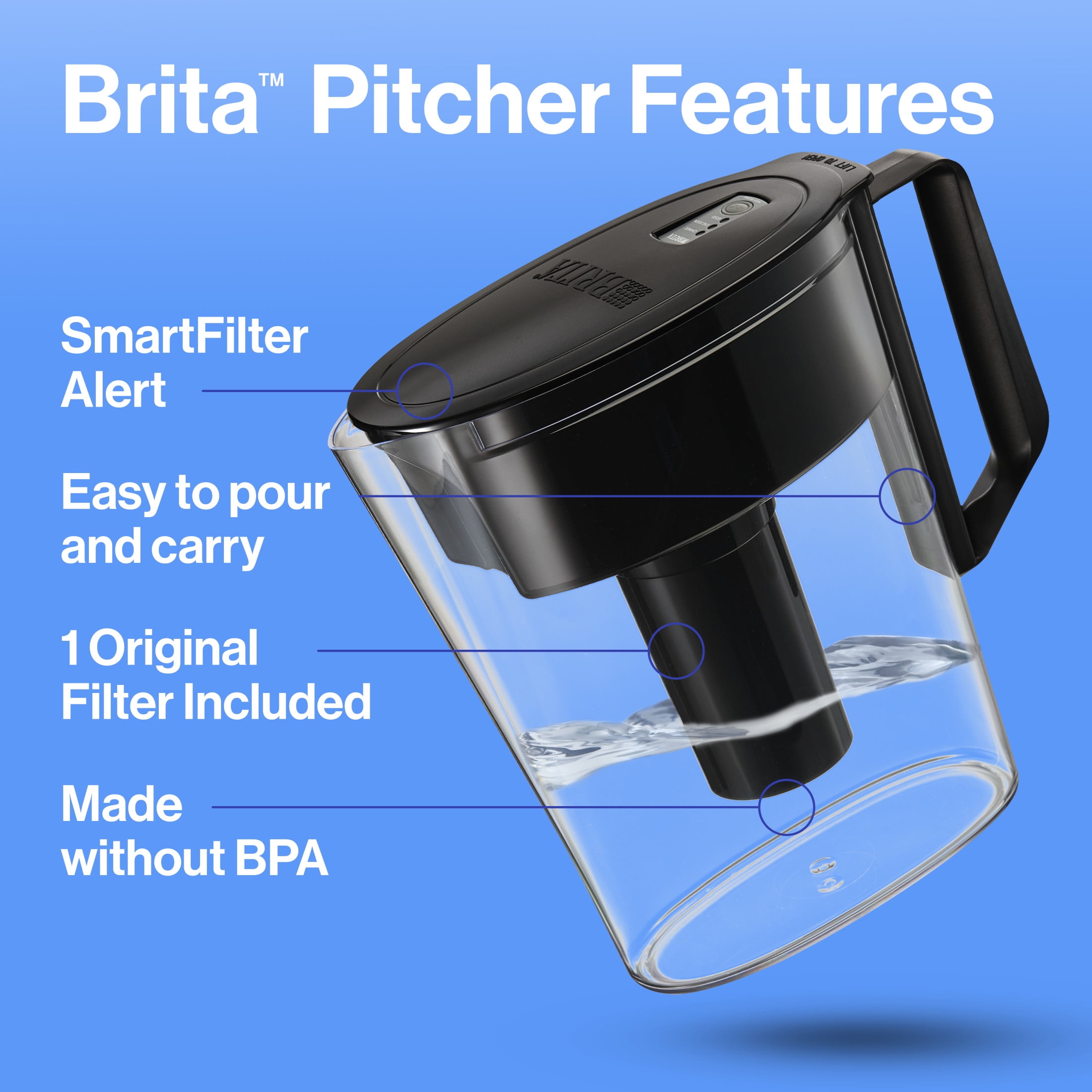 Brita Small 6 Cup Black Denali Water Filter Pitcher with 1 Brita Standard Filter