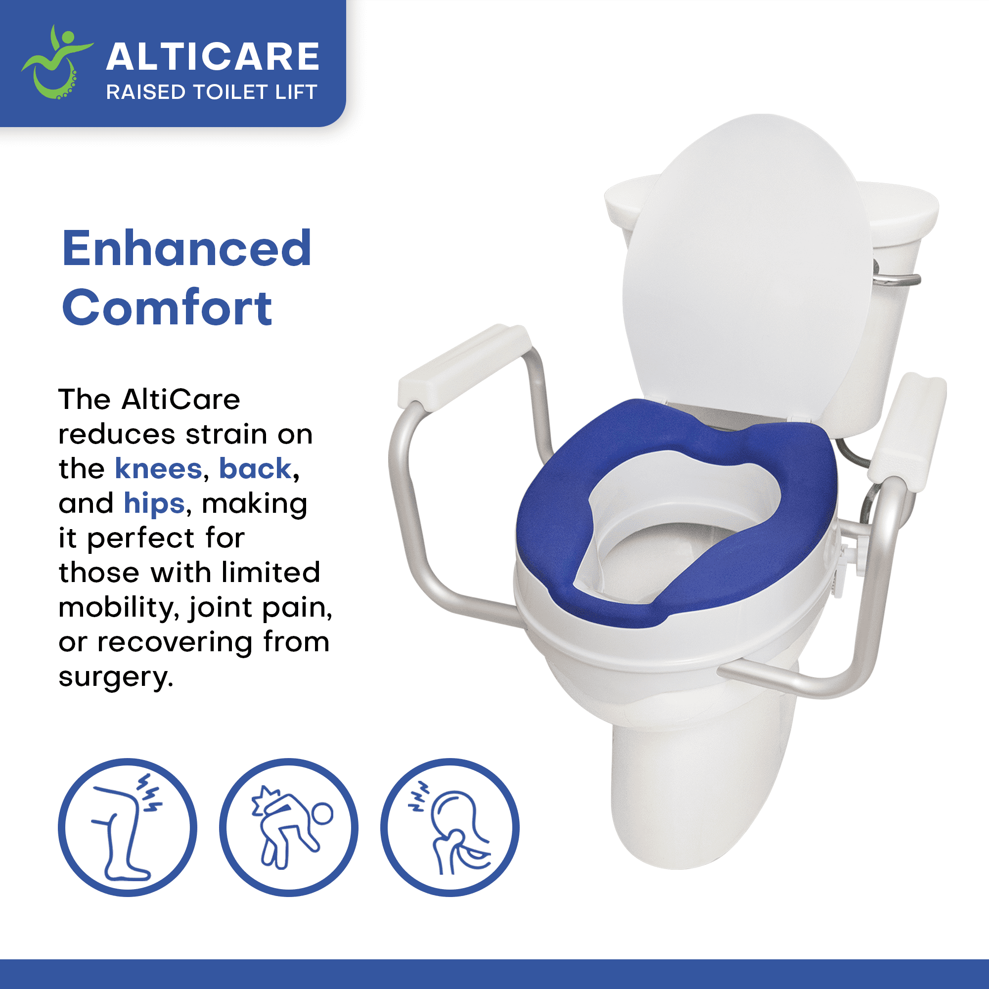 AltiCare Raised Toilet Seat 5-Inch Elevated Commode Riser with Adjustable Armrests and Latex Free Rubberized Non Slip Seat