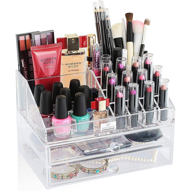Decozen Clear Cosmetic Organizer With Drawers Makeup Storage Display Organizer 19 Slot And 2 Drawer Vanity Organizer For Nail Polish Mascara Eyeliner Lipstick And More Walmart Com Walmart Com