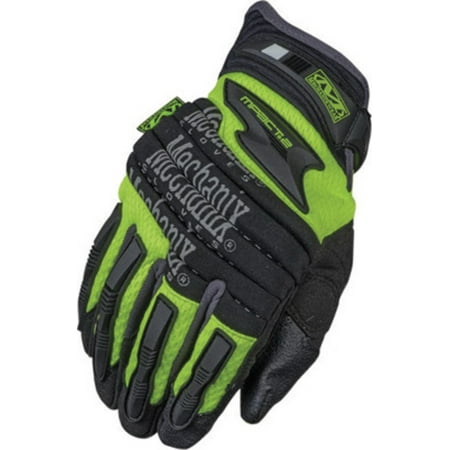 Mechanix Wear Large Hi-Viz Yellow Safety M-Pact 2 Full Finger Spandex Heavy Duty Mechanics Gloves With Neoprene Hook And Loop Wrist, Rubberized Fingertips, Padded Palm And TPR Knuckle And Finge