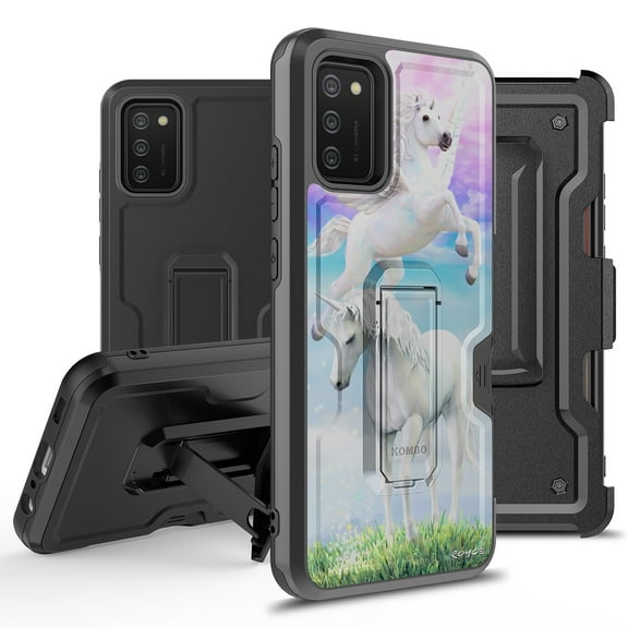ANJ Rugged Hybrid Shockproof Case w/Kickstand Holster Clip Card Slot Cover for Samsung Galaxy A02S (SM-A025) - Pegasus and Unicorn