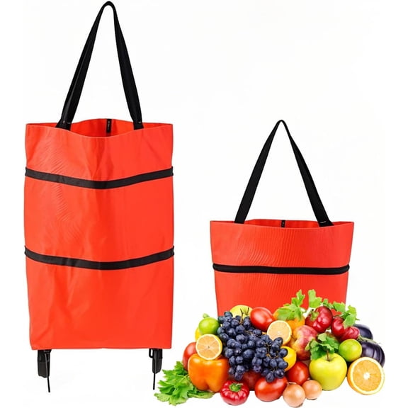 2 in 1 Foldable Shopping Cart with Wheels for Groceries 25kg Grocery Cart on Wheels Collapsible Shopping Carts for Groceries Waterproof Oxford Travel Bag Reusable (Red)