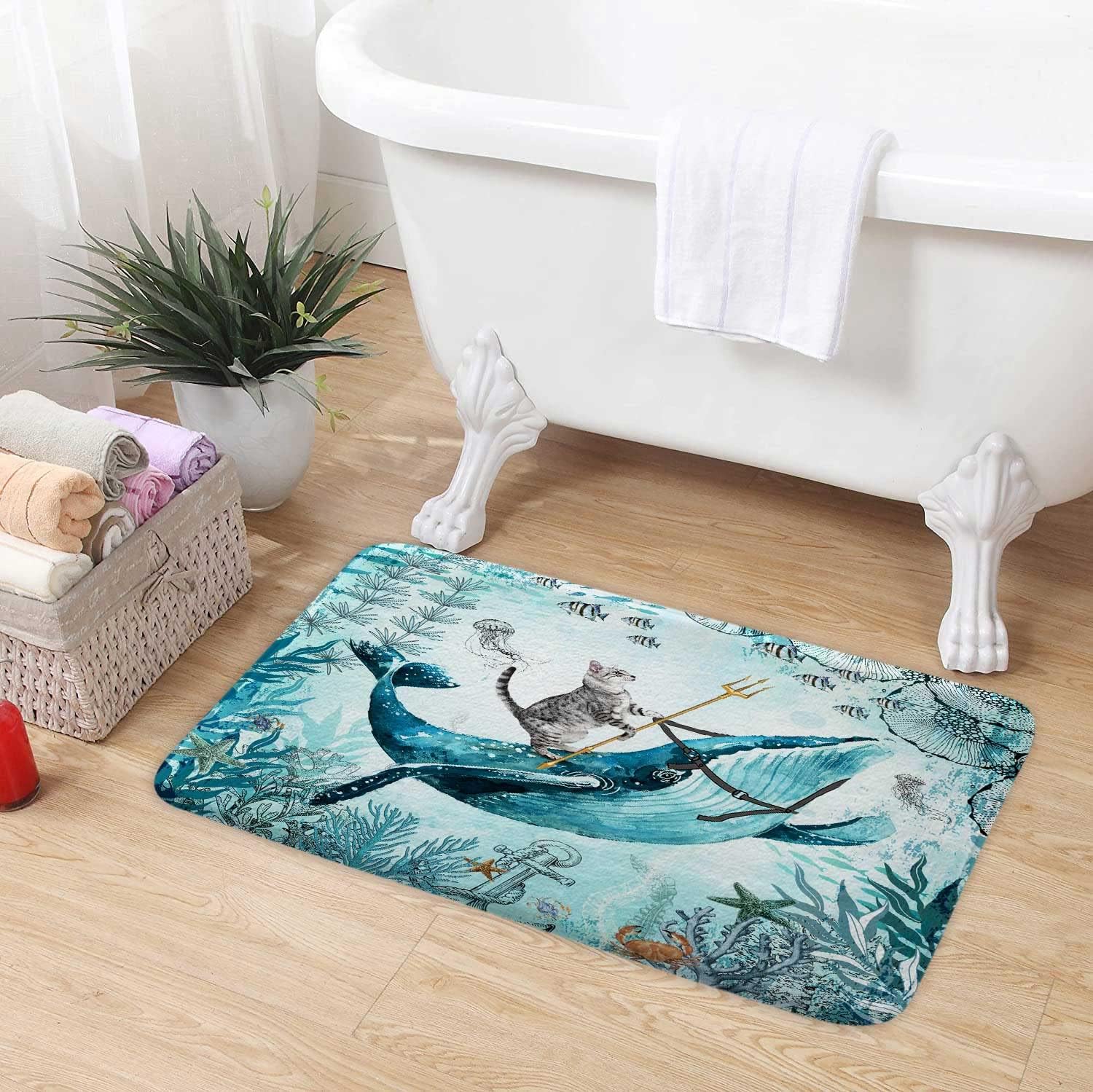 Funny Cat Whale Bath Mat, Cool Cats Ride Whales on Blue Teal Ocean