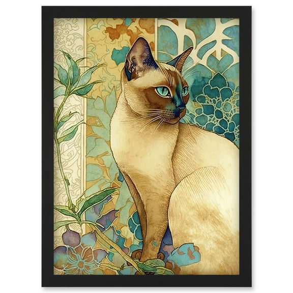Tonkinese Cat with Art Nouveau Botanical Patterns Colourful Watercolour Illustration Artwork Framed Wall Art Print A4