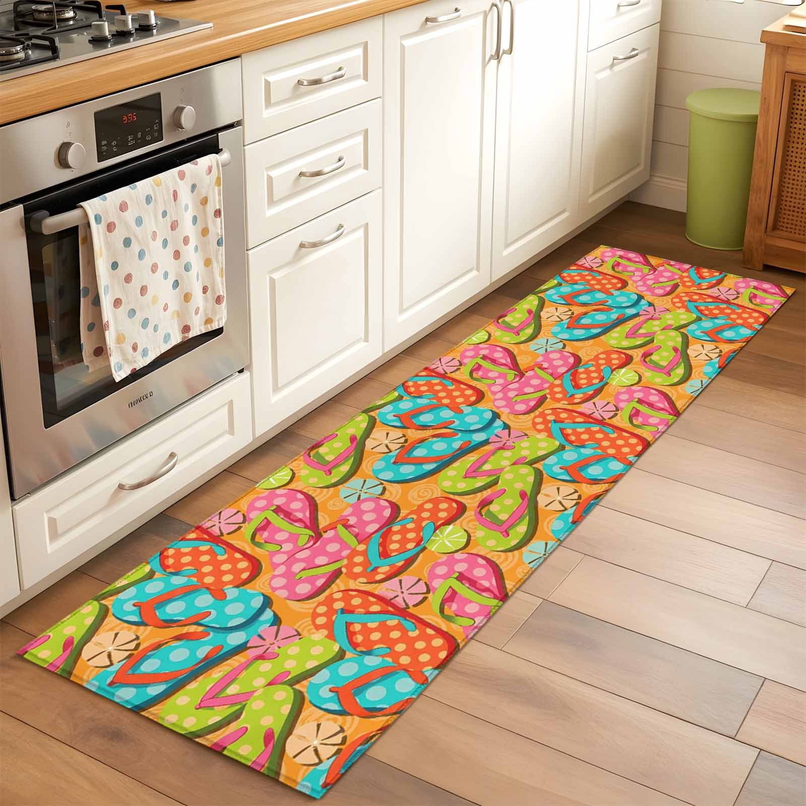 Watercolor Flip Flop 2'x6' Runner Rugs for Hallway Kitchen Bedside Non Slip Washable, Summer Coastal Beach Slippers Entryway Rug Runners with Rubber Backing, Long Carpet Runner for Laundry Room