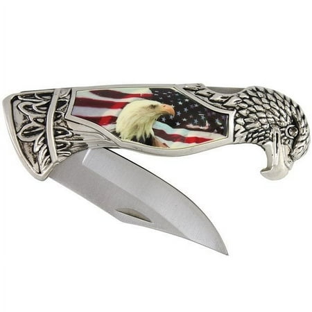 Patriotic Eagle Head And USA Flag Folding Pocket Knife + Presentation Case