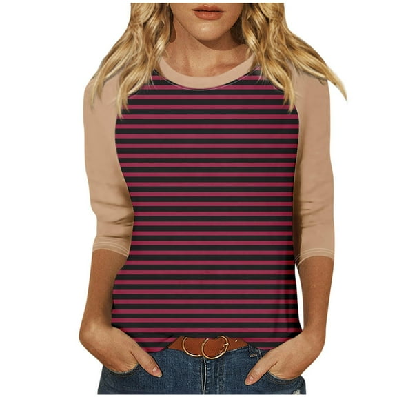 Women's Casual Striped 3/4 Sleeve Tee Comfort Fit Crewneck T-Shirt Soft Breathable Everyday Wear Stylish Top