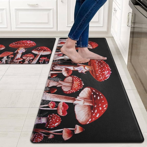 Kitchen Rugs Set of 2, Mushroom Kitchen Mats Cushioned Anti Fatigue,Spring Kitchen Rugs Non Skid and Kitchen Floor Mats Waterproof, 17"X30" 17"X47"