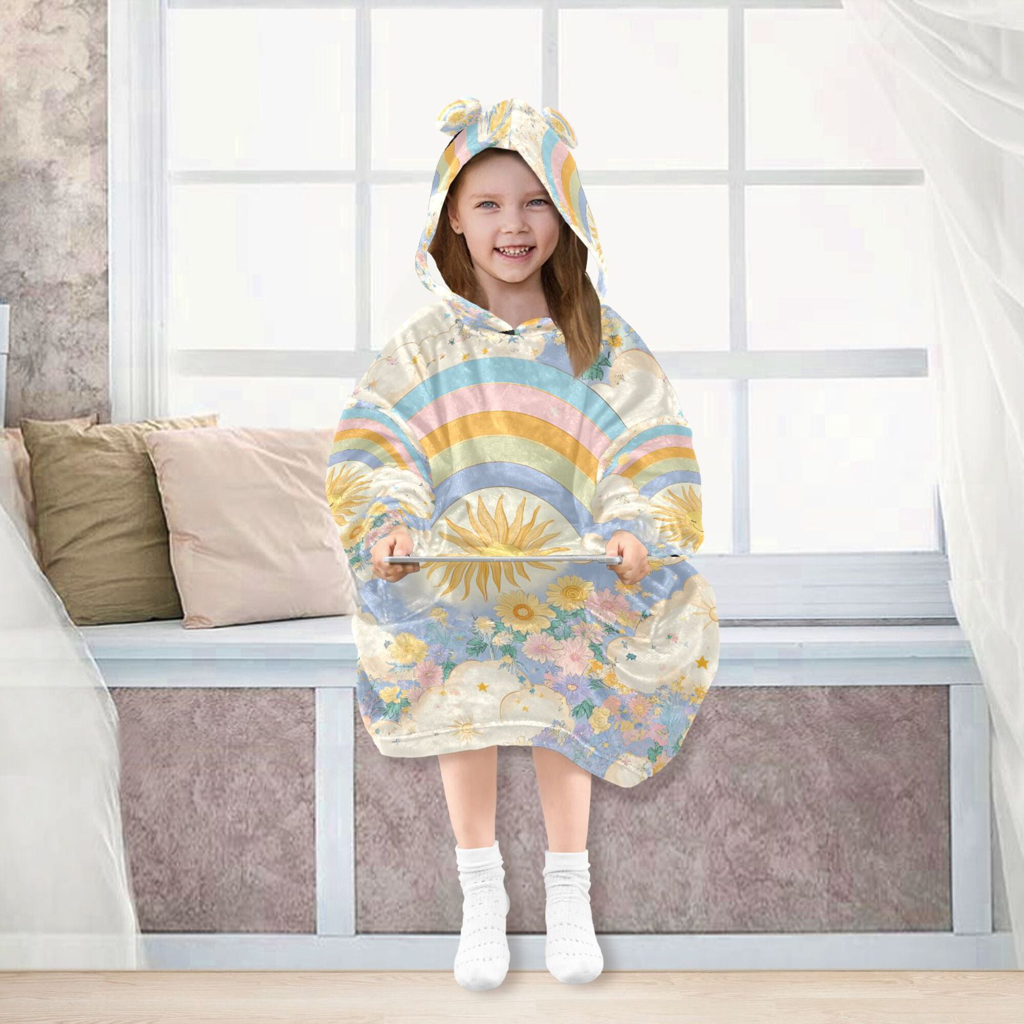 FORMRS Wearable Blanket Hoodie with Sleeves for Kids Cozy Flannel Sweatshirt, Purple Rainbow Clouds