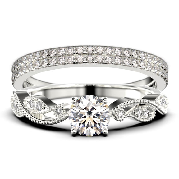 Dazzling Boho & hippie 2.25 Carat Round Cut Diamond Moissanite Classic Inspired Engagement Ring, Unique Twist Band Wedding Ring in 10k Solid White Gold, Promise Ring, Two Matching Band