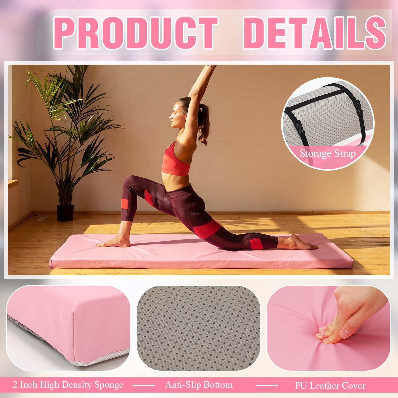 Peach Pink Foldable Yoga Mat 2 Inch 72"x24" Thick For Pilates Stretching Gym Workouts