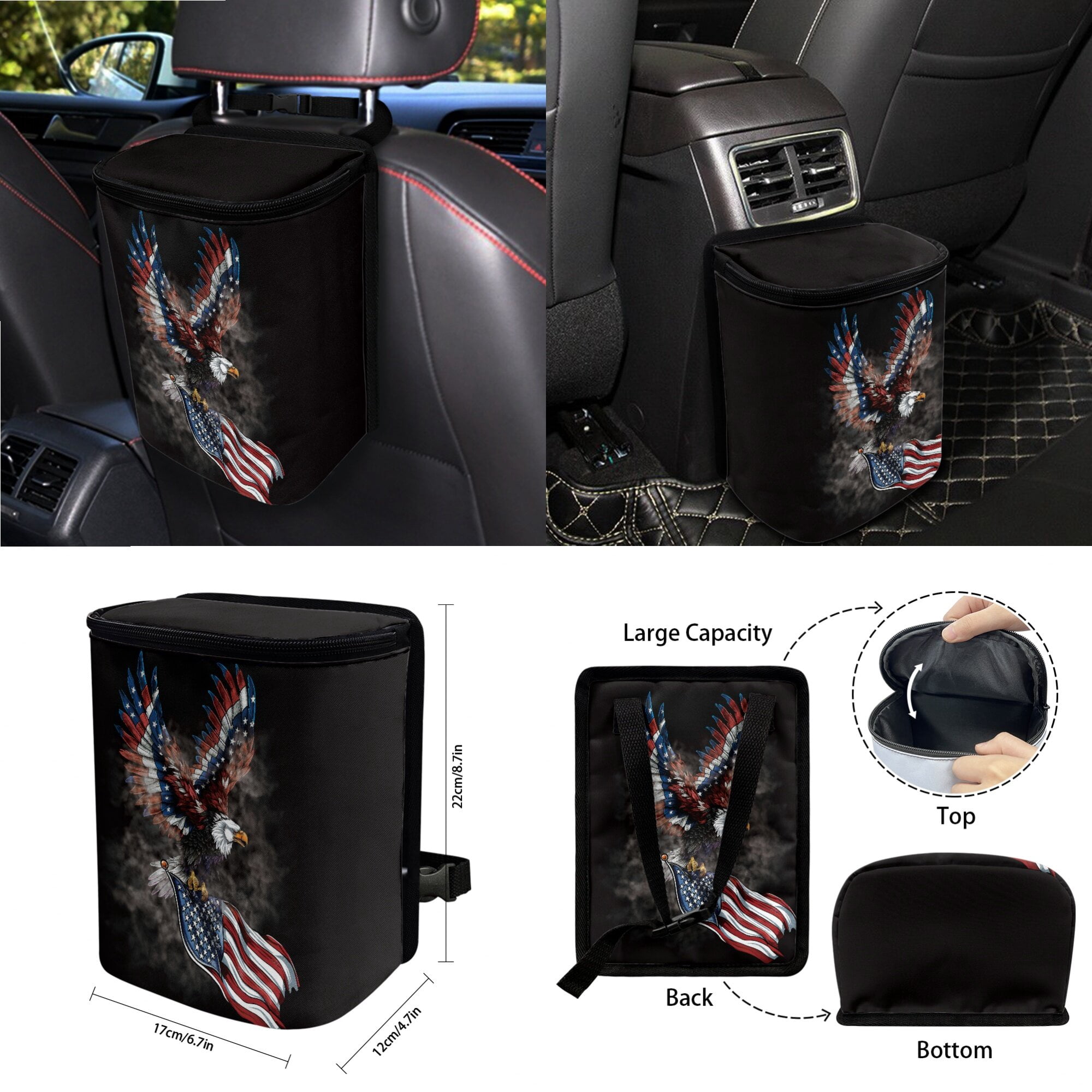 LedBack Eagle Print Car Seat Cover Set American Flag Print Steering Wheel Cover Safety Belt Pads Rear View Mirror Protector Car Air Vent Organizer Garbage Bag 4th of July Car Decor