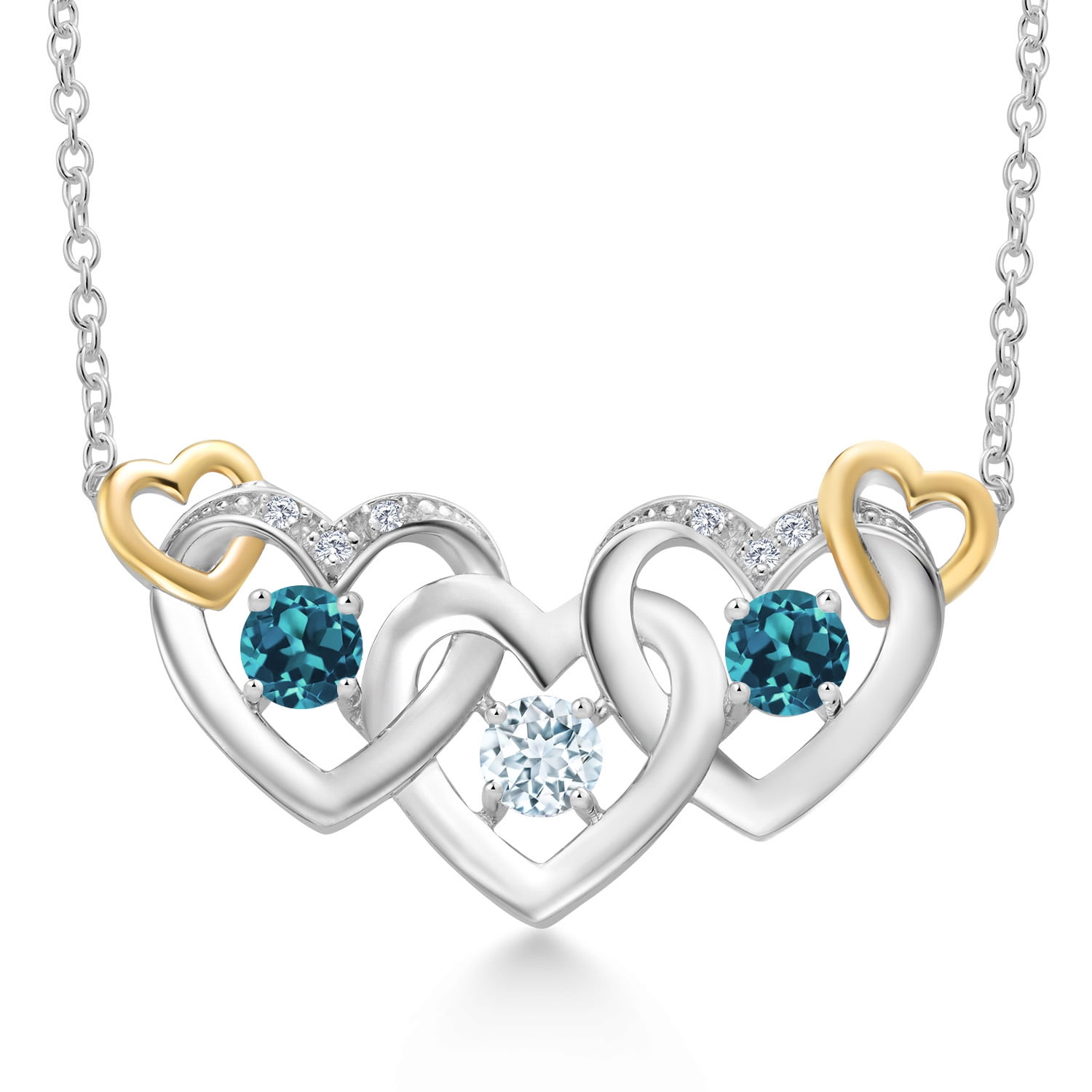 Gem Stone King 925 Silver and 10K Yellow Gold Sky Blue Aquamarine London Blue Topaz and White Lab Grown Diamond Heart Shape Pendant Necklace for Women (0.97 Cttw, with 18 inch Chain)