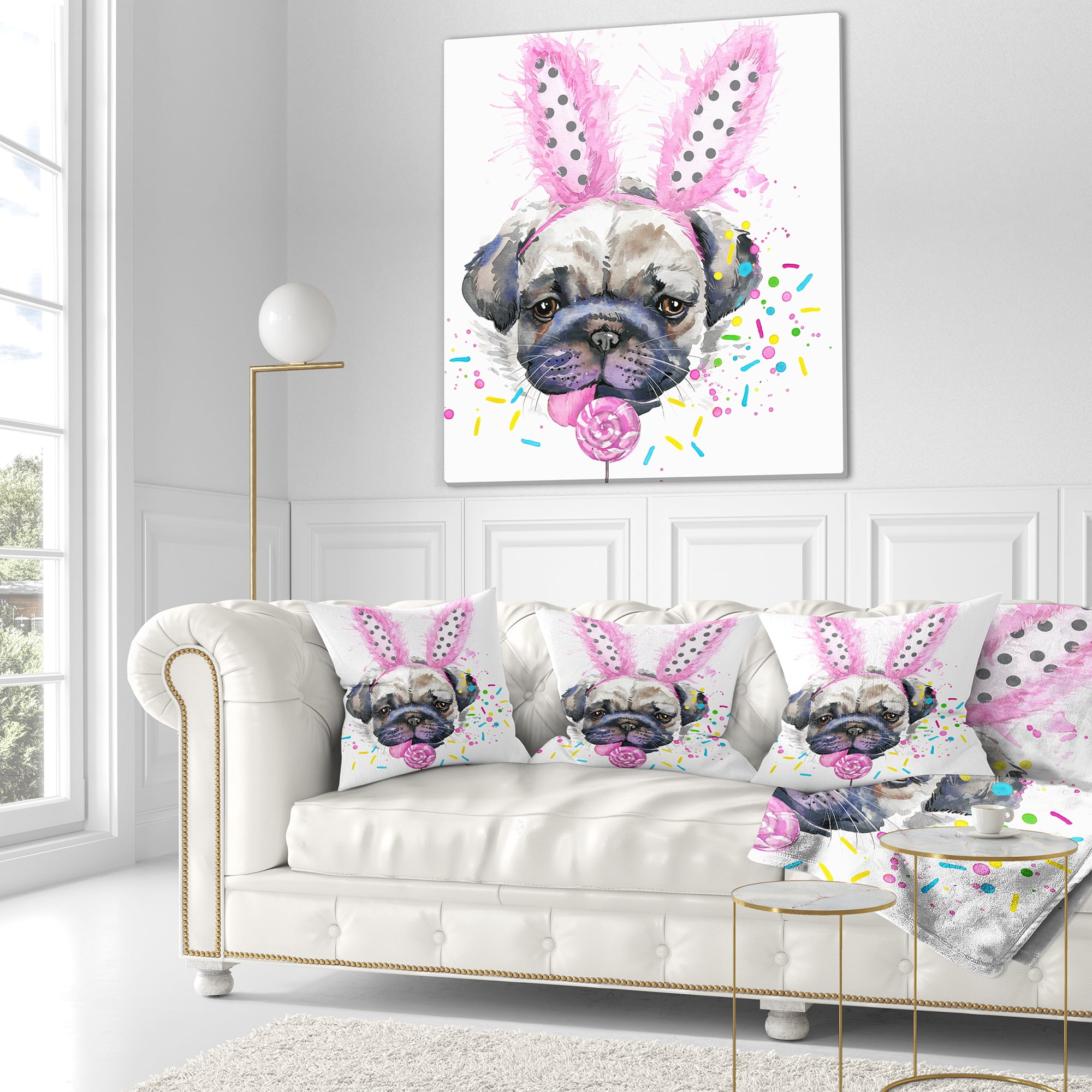 Designart Cute Dog with Pink Feather Hat - Contemporary Animal Throw Pillow - 16x16