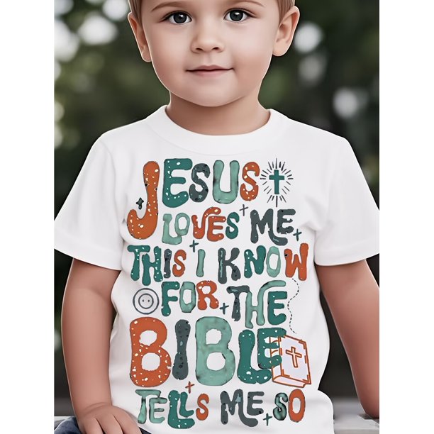 Boys' Christian Graphic T-Shirt - "Jesus Loves Me" Short Sleeve Tee with Colorful Lettering & Religious Symbols, 100% Cotton Round Neck Casual Top for Youngsters, Spring Summer Fall Outdoor Play, Out