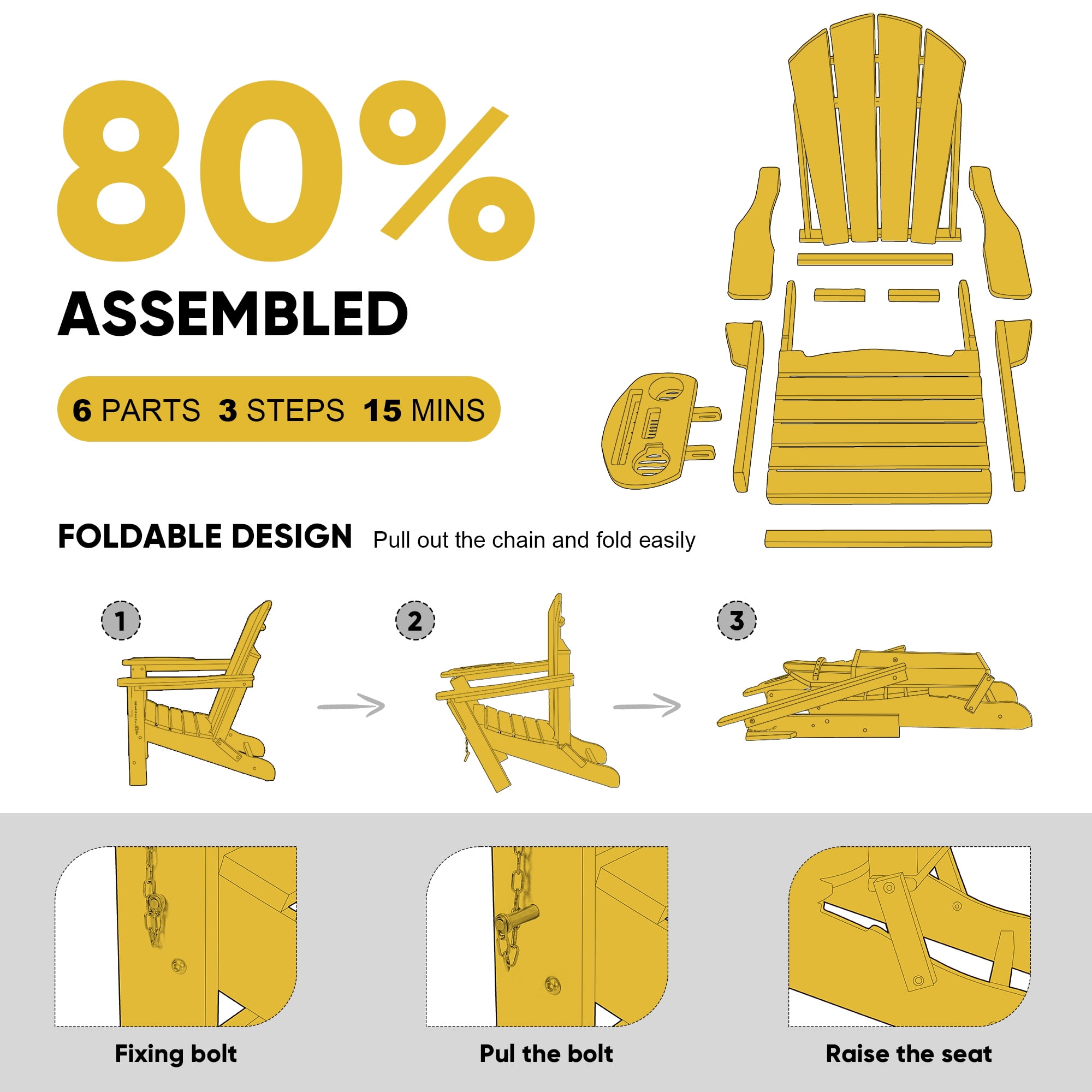 Folding HDPE Adirondack Chair with 4 in 1 Cup Holder Tray Plastic Adirondack Chairs Weather Resistant Lawn Outdoor Firepit Chairs, Yellow