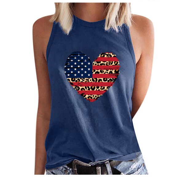 Usmixi 4th of July Tank Top for Women Independence Day Patriotic Shirts Loose Fit Racerback Vest Summer Leopard Heart Print Round Neck Sleeveless Fashion Blouses Navy s
